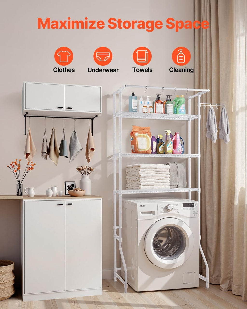 Over the Washer and Dryer Storage Shelf, 3 Tier Laundry Room Drying Rack with Hanger Rod and Hooks, Adjustable Over