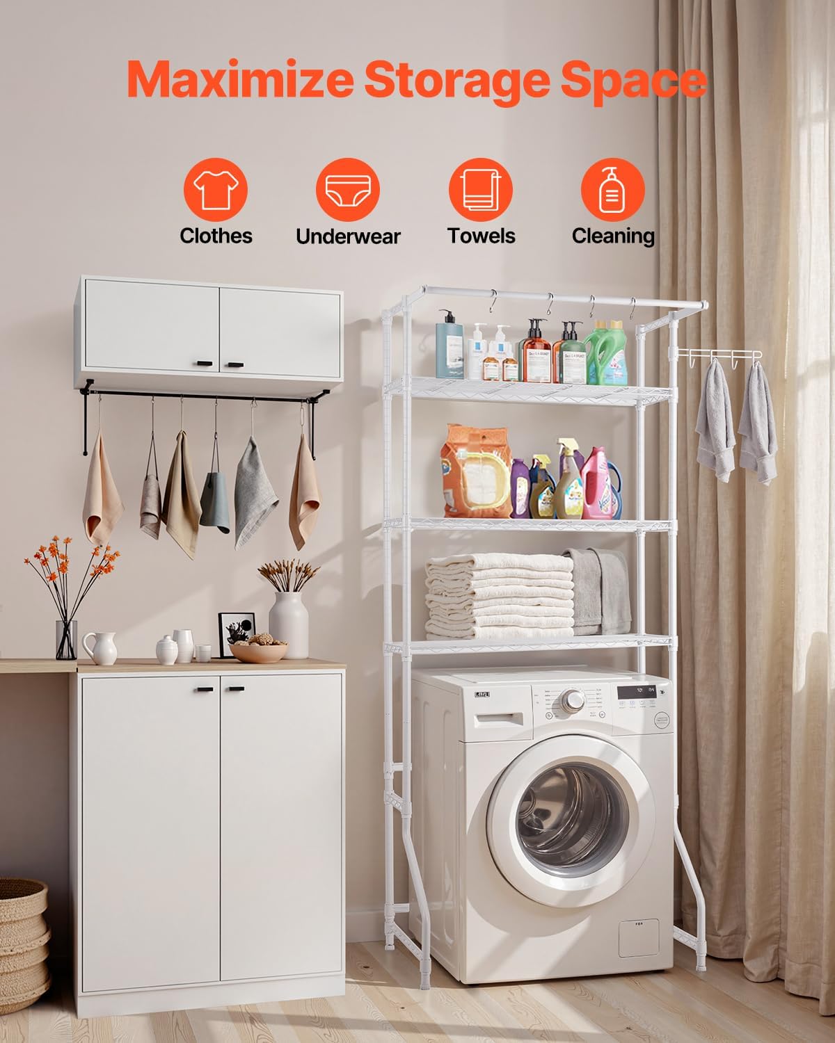 Over the Washer and Dryer Storage Shelf, 3 Tier Laundry Room Drying Rack with Hanger Rod and Hooks, Adjustable Over