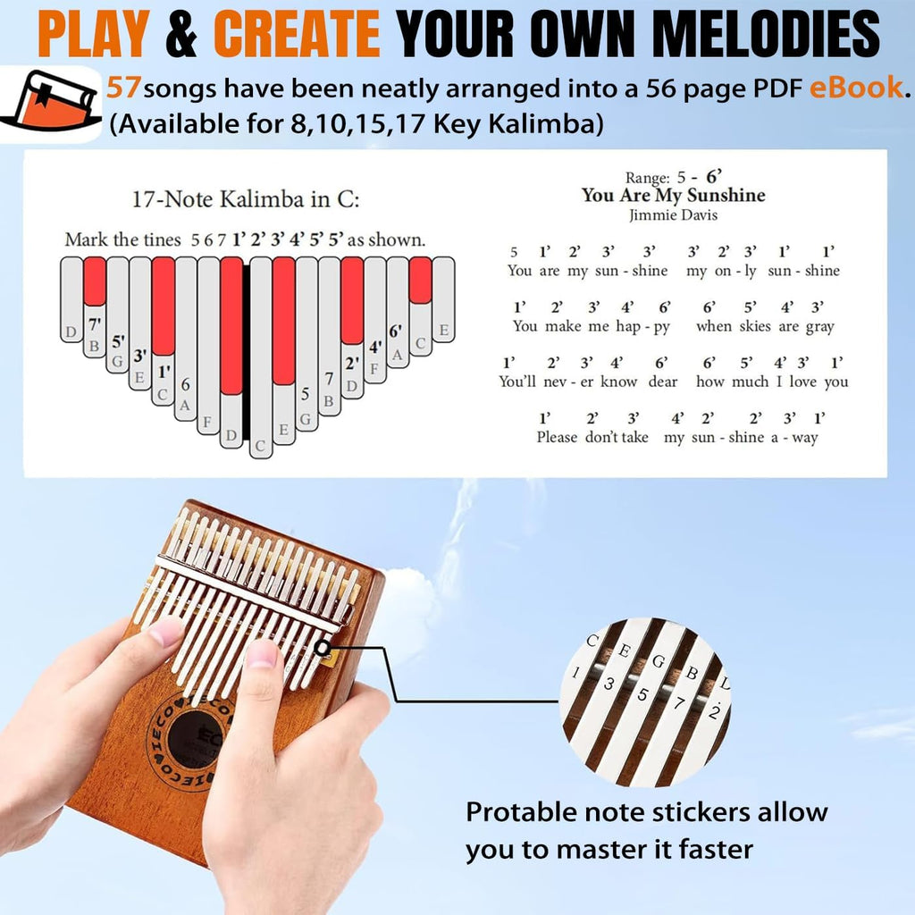 Kalimba Thumb Piano 17 Keys Mbira Finger Piano Marimbas Musical Instruments | for Kids Adults Beginners, w/Tuning