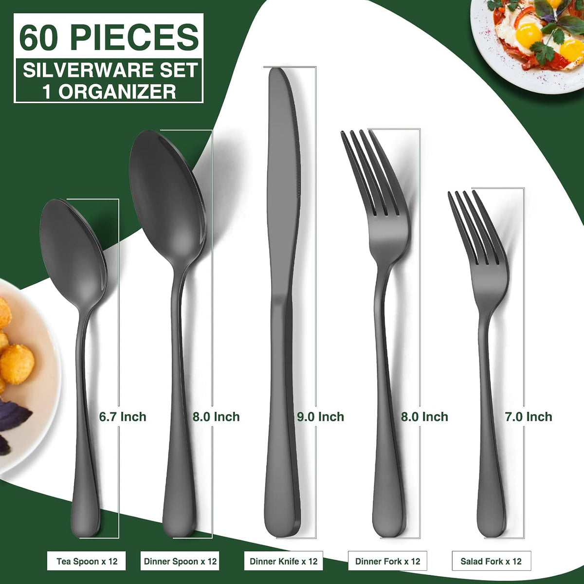 60-Piece Black Silverware Set with Organizer, AIVIKI Stainless Steel Flatware for 12, Cutlery Utensil Set for Home