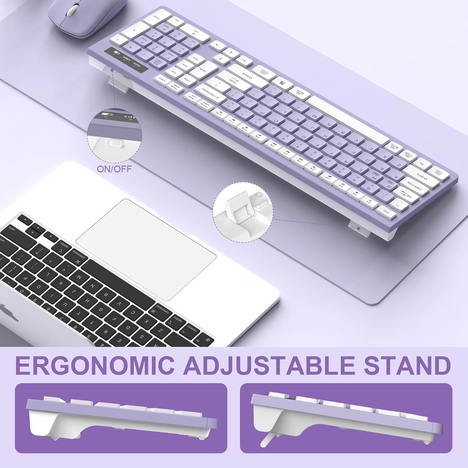 Wireless Keyboard and Mouse Combo, Full-Sized Keyboard and Adjustable DPI Mouse, Wireless Keyboard and Mouse (Purple)
