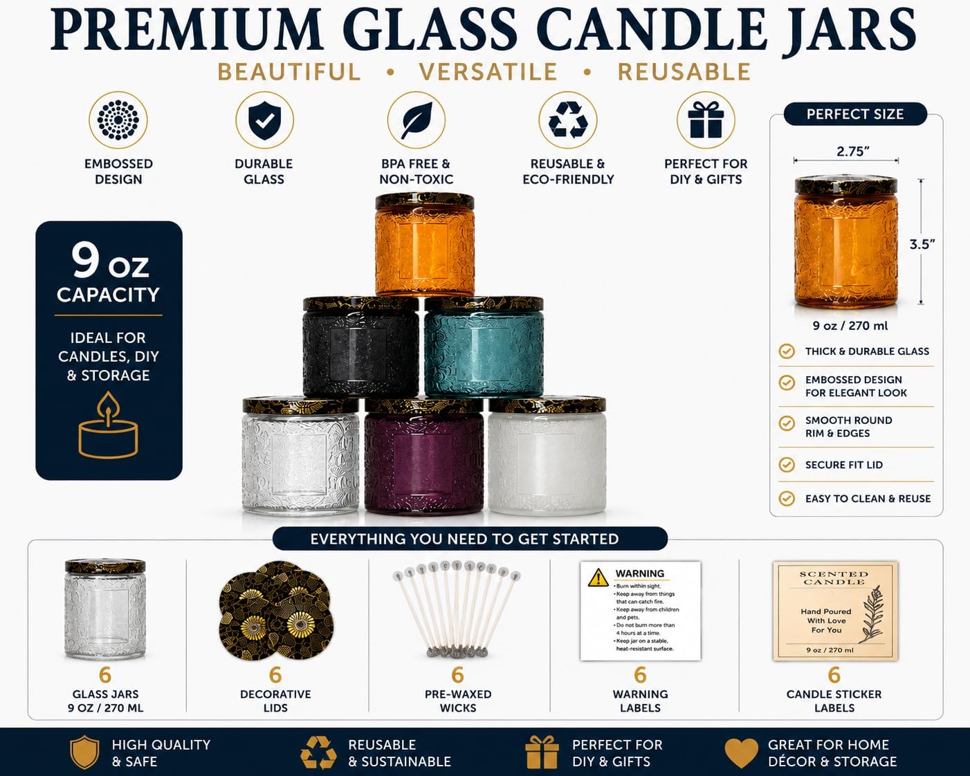 9oz/250ml Embossed Candle Jars – 6 Pack Empty Glass Containers with Tin Lids, Sticker & Warning Labels for Candle