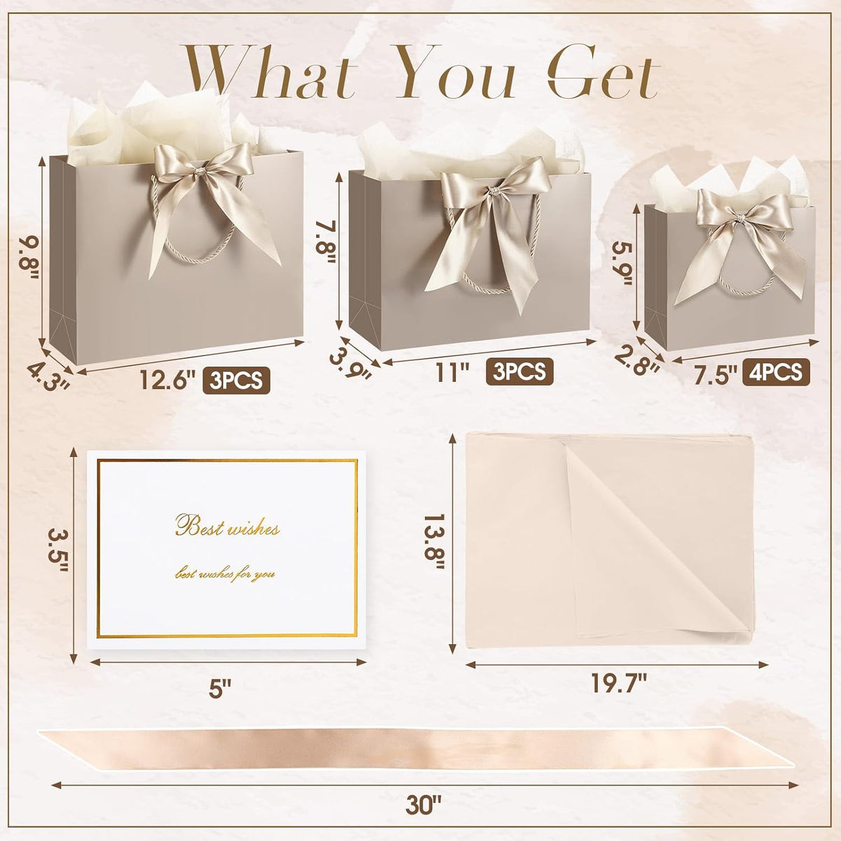 10 Set Gift Bags Assorted Sizes with Handles, Champagne Luxury