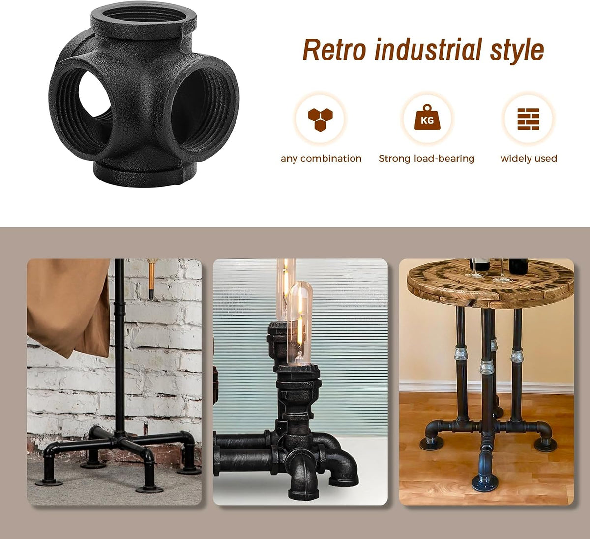 1" Black Pipe Fittings 5-Way Side Outlet Tee Home Expert 4 Pack