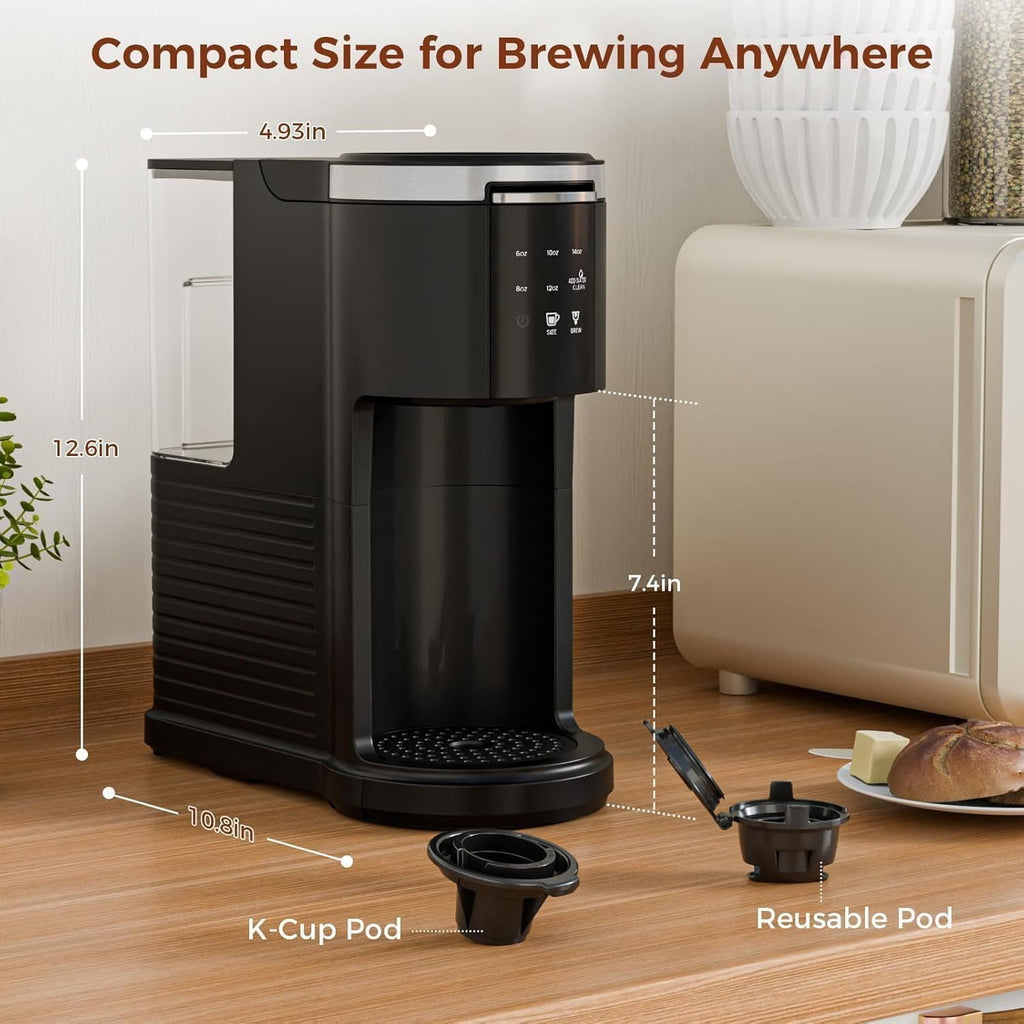 Single Serve Coffee Maker, 2-in-1 Pod & Ground Brewer, 90s Fast Brew, 5 Cup Sizes (6-14oz), 40oz Removable Tank, LCD