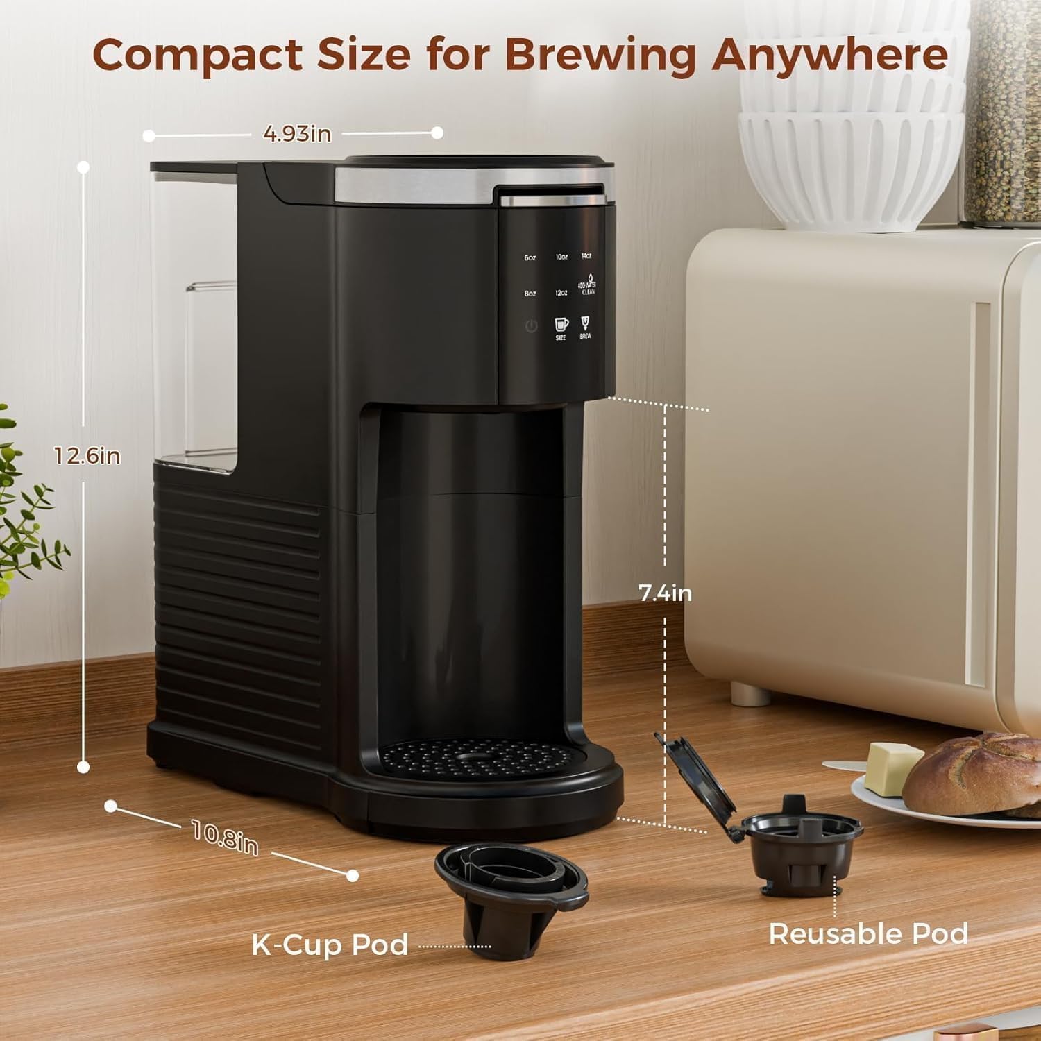 Single Serve Coffee Maker, 2-in-1 Pod & Ground Brewer, 90s Fast Brew, 5 Cup Sizes (6-14oz), 40oz Removable Tank, LCD