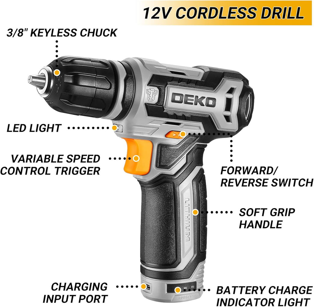 Tool Kit Box Drill Set：DEKOPRO Home Mechanic Toolbox with 12V Power Cordless Drill Hand Repair Tools Sets Combo Kits