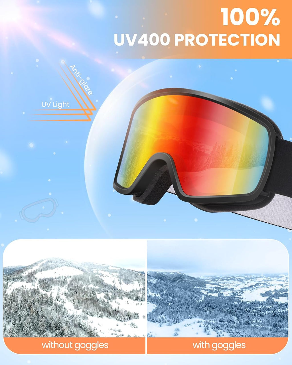 Kids Ski Goggles OTG Snowboard Goggles with 100% UV Protection Kids Snow Goggles for Boys Girls Toddler |