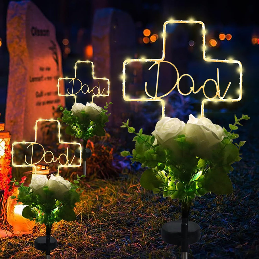 Solar Cross Light for Dad‘s Grave – 2 Modes with Rose Flower, Waterproof Outdoor Light for Cemetery, Perfect for