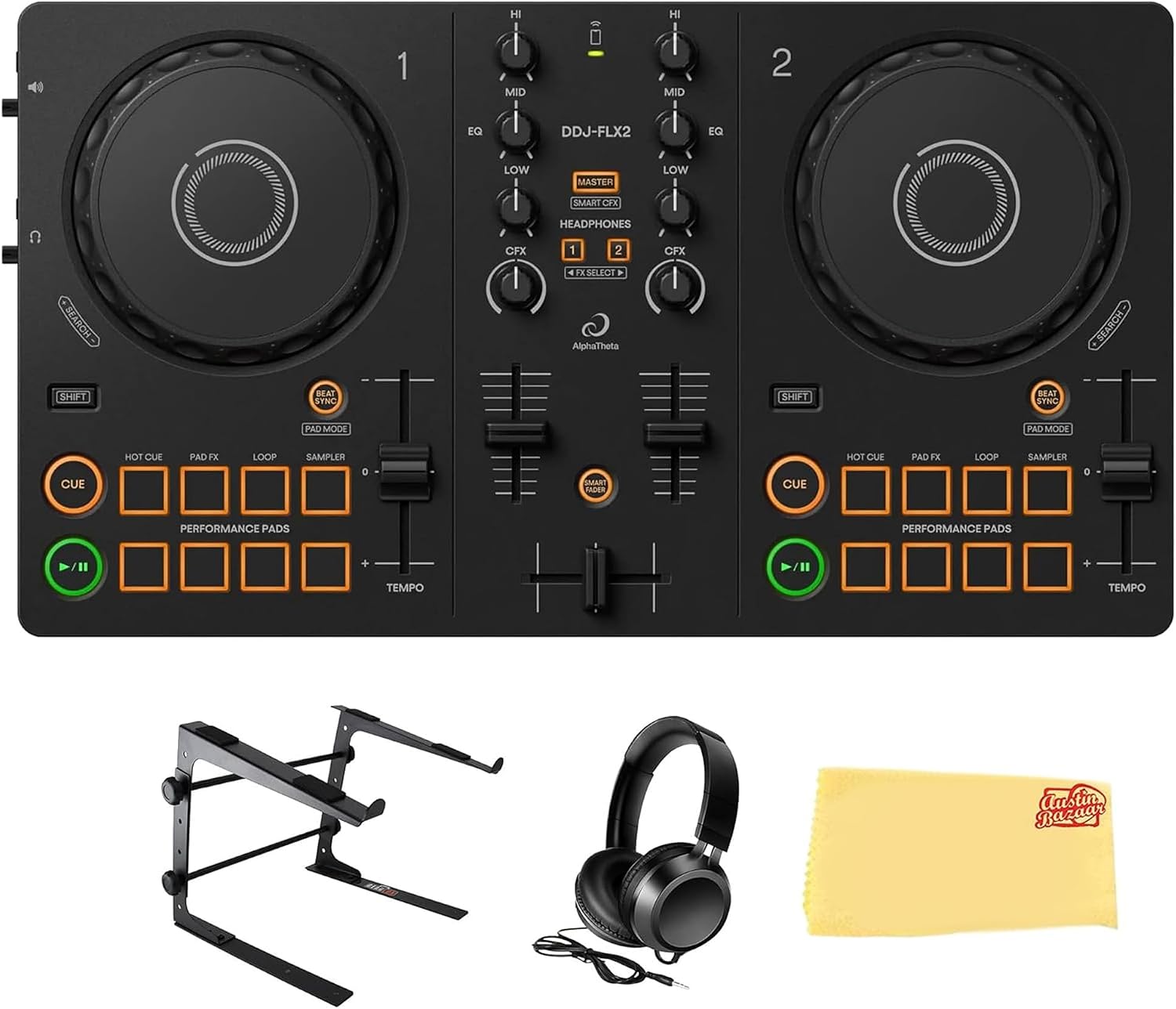Pioneer DJ AlphaTheta DDJ-FLX2 Compact 2-Channel DJ Controller Bundle with Laptop Stand, Headphones, and Austin