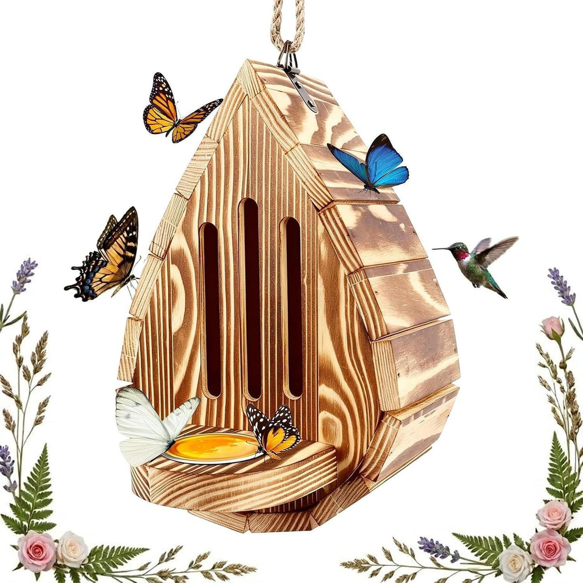 Wooden Hanging Butterfly House for Outside, Butterfly Habitat & Feeder for Garden, Natural Butterflies Habitat with
