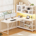 L Shaped Computer Desk, 58'' Office Desk with LED Light and Bookshelf, L Shaped Corner Desk with Storage Shelves for