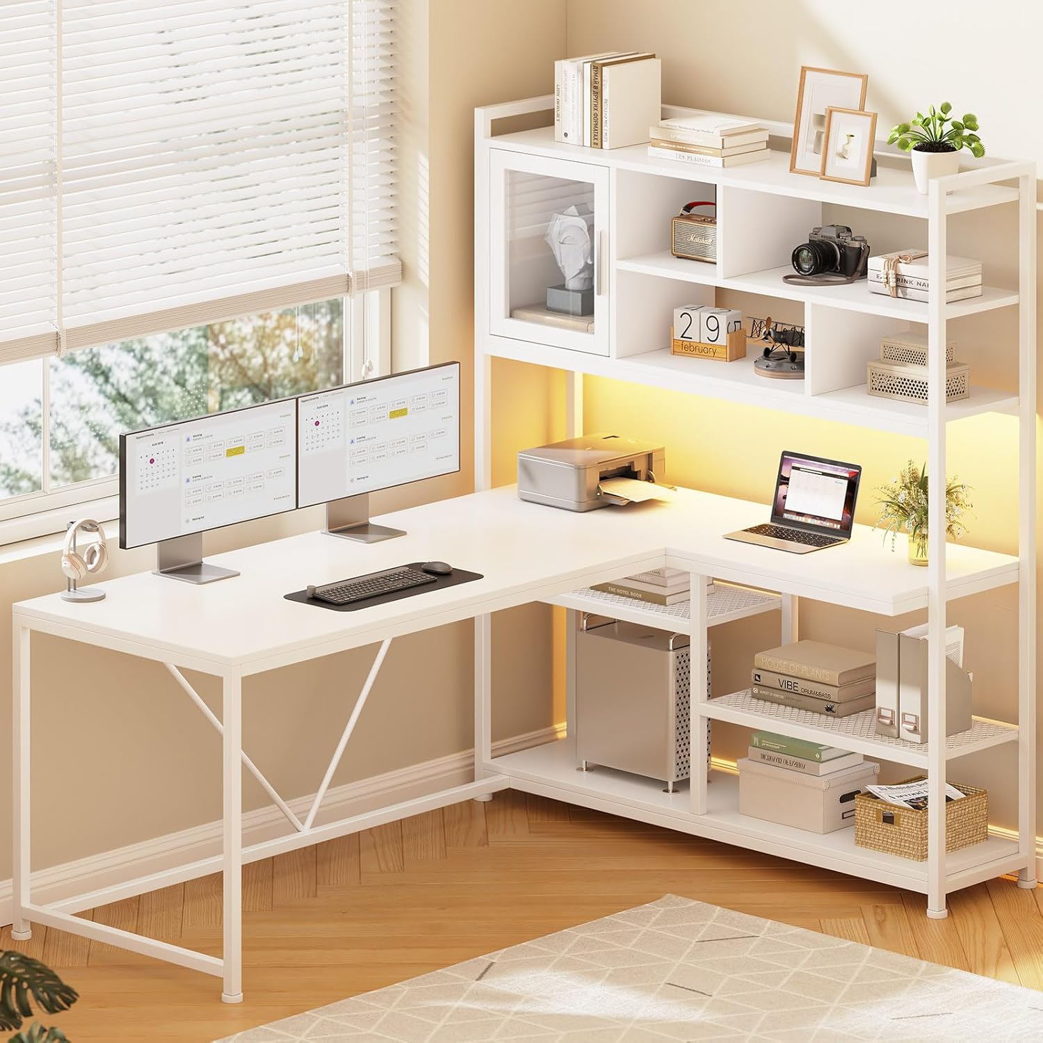 L Shaped Computer Desk, 58'' Office Desk with LED Light and Bookshelf, L Shaped Corner Desk with Storage Shelves for