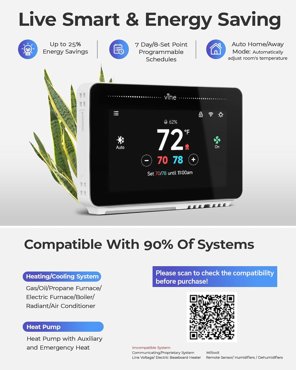 Smart Thermostat for House with Nightlight, 4.3 Inches WiFi Thermostats for Home Compatible with Alexa and Google