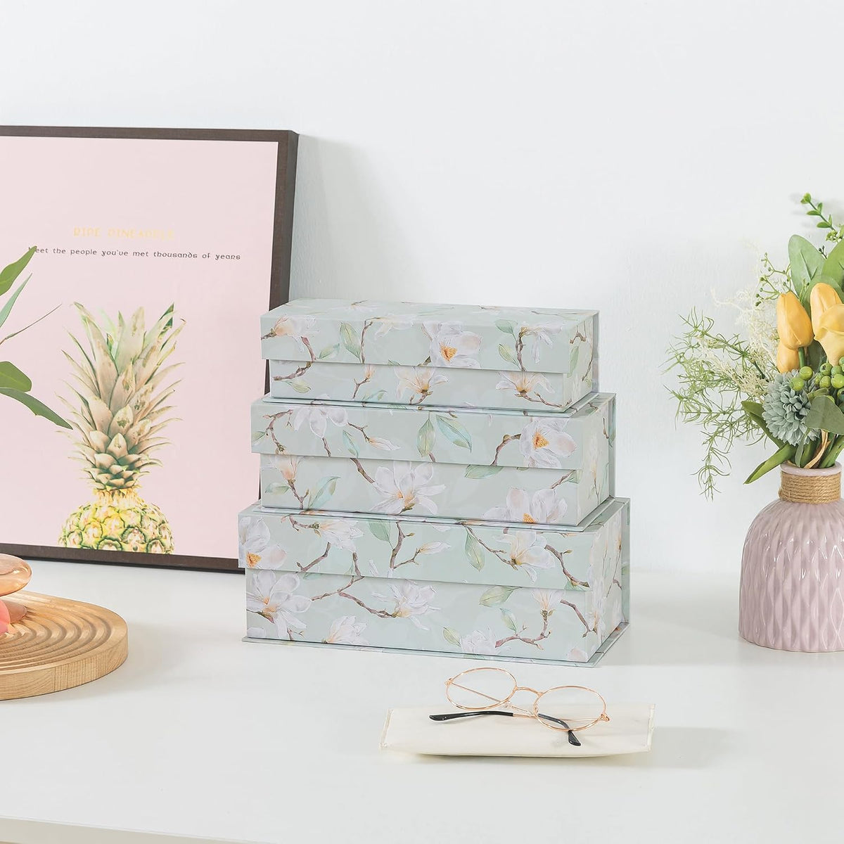 Magnetic Decorative Storage Boxes, Set of 3, Ethereal Blossom
