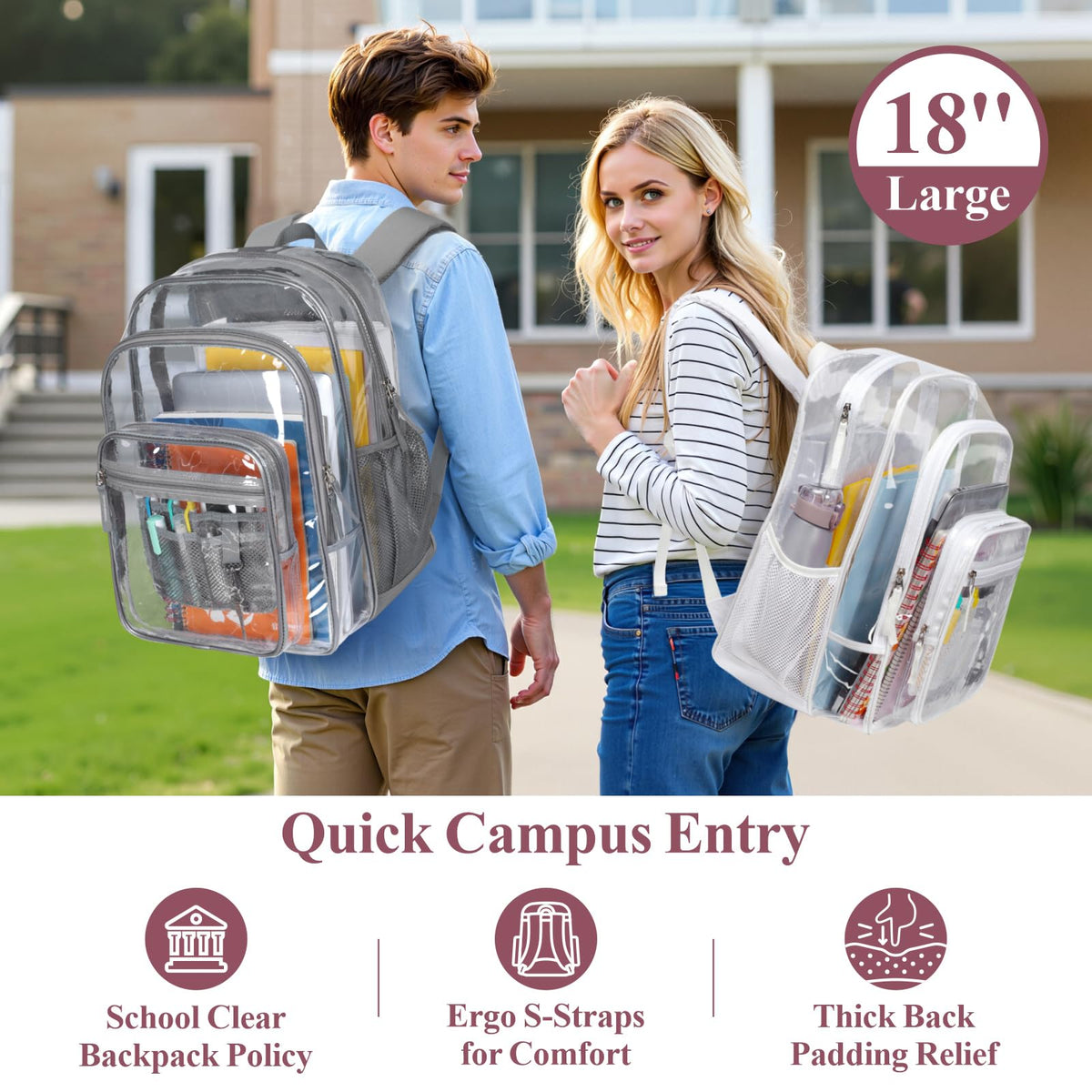 Clear Backpack for School - 18 Inch Extra Large Clear Bookbag White