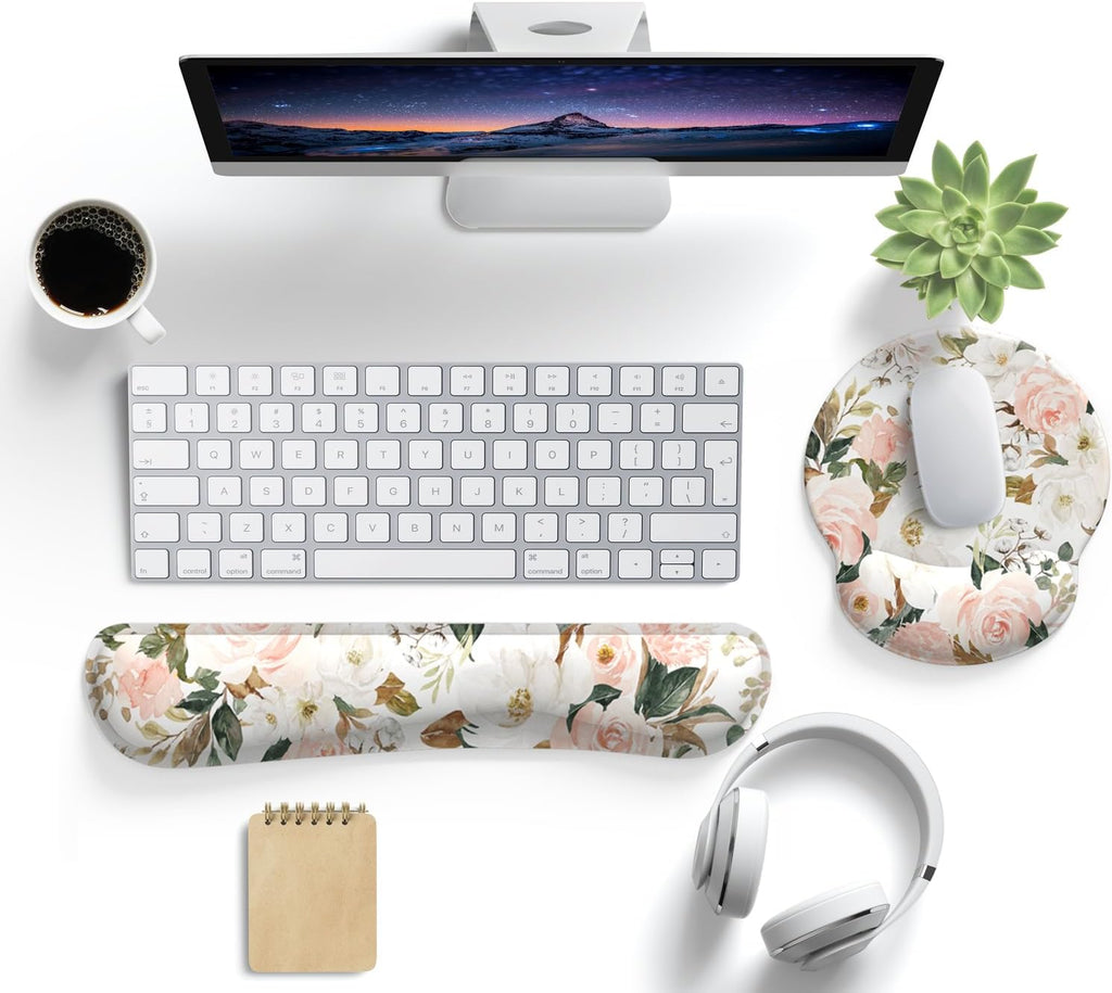 Pink Flower Desktop Mat Aesthetic Wrist Support Keyboard Mouse Wrist Rest Set, Computer Office Comfortable Wrist Rest