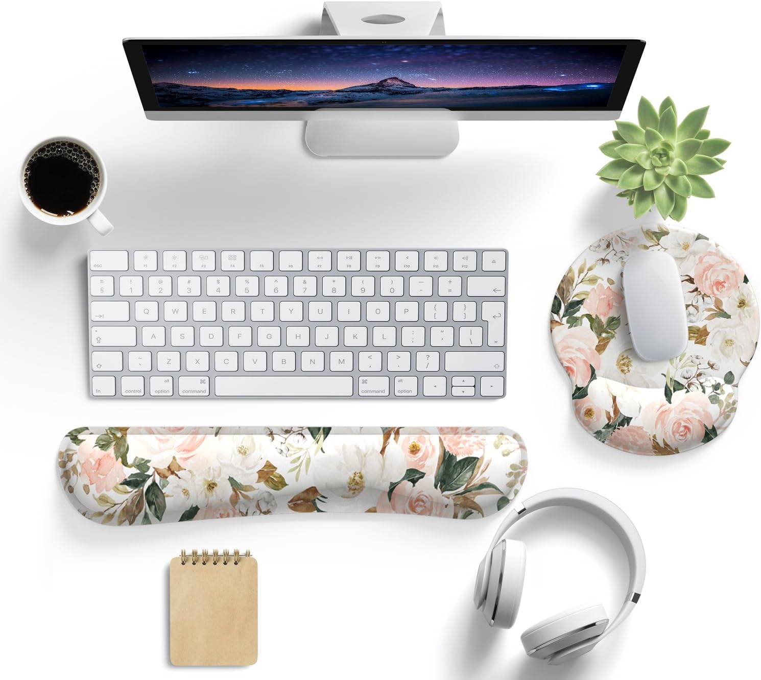 Pink Flower Desktop Mat Aesthetic Wrist Support Keyboard Mouse Wrist Rest Set, Computer Office Comfortable Wrist Rest