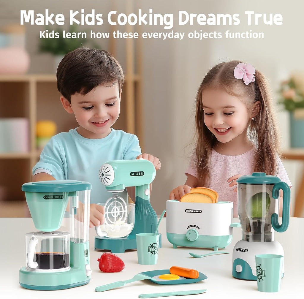 Kids Play Kitchen Accessories Toys Set, Pretend Play Kitchen Appliances Kit - Blender, Coffee Maker, Mixer, Toasters