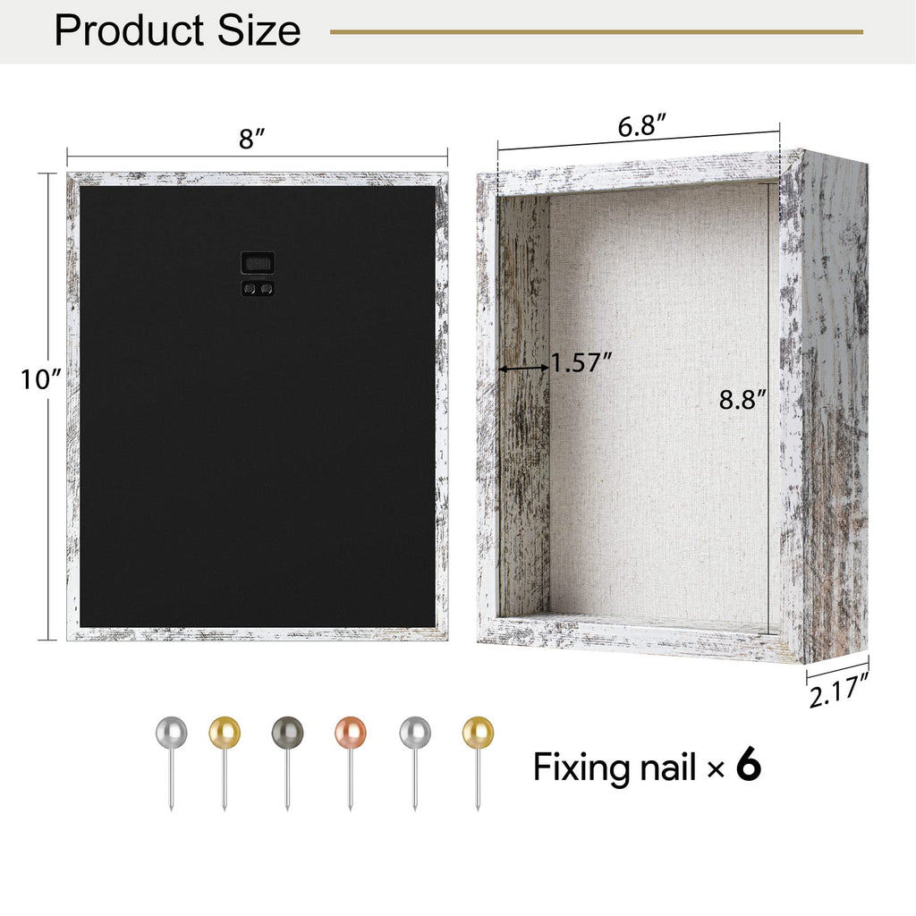 8x10 Shadow Box Frame with Linen Back - Real Glass, Push Pins Included, Sturdy Rustic Memory Display Case, Fits