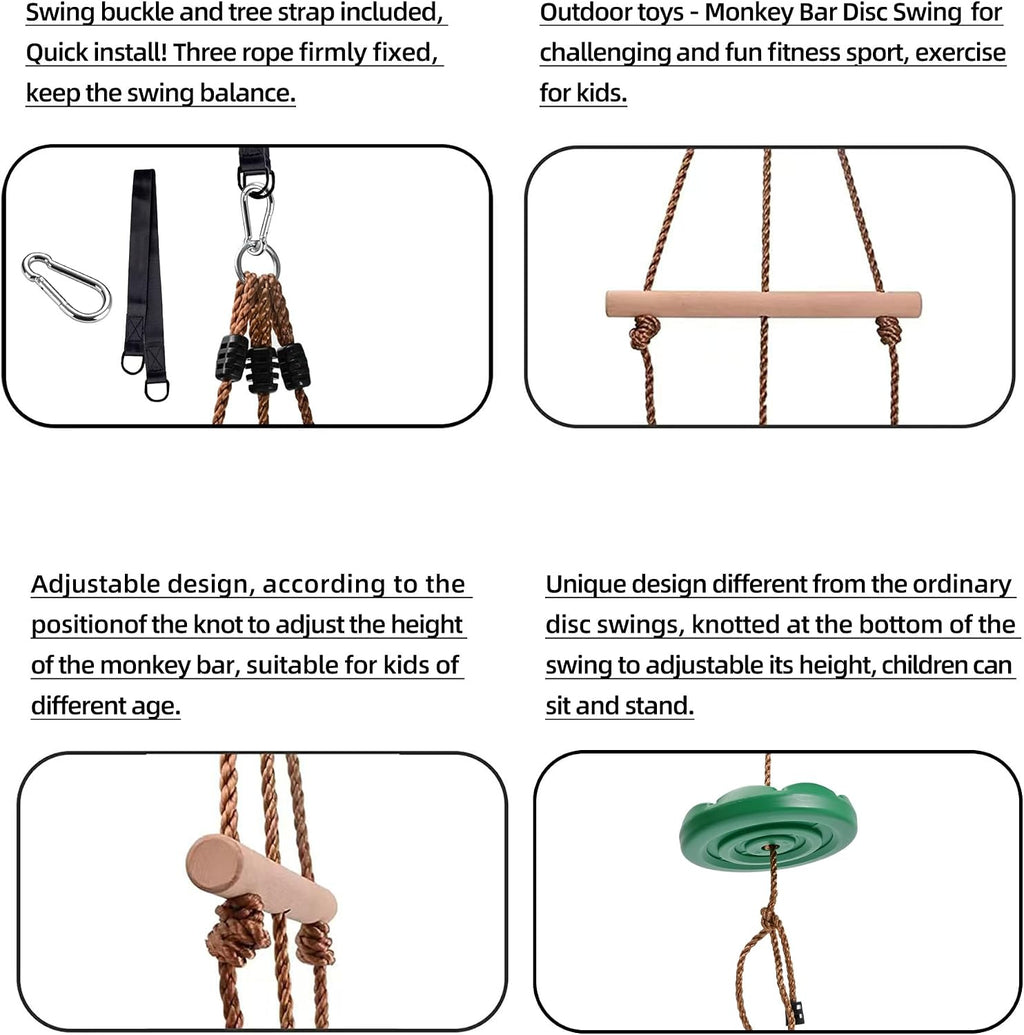 Disc Swing for Kids, Swing Set Accessories, 7FT Height Adjustable Gym Monkey Bars, Hanging Tree Seat for Backyard