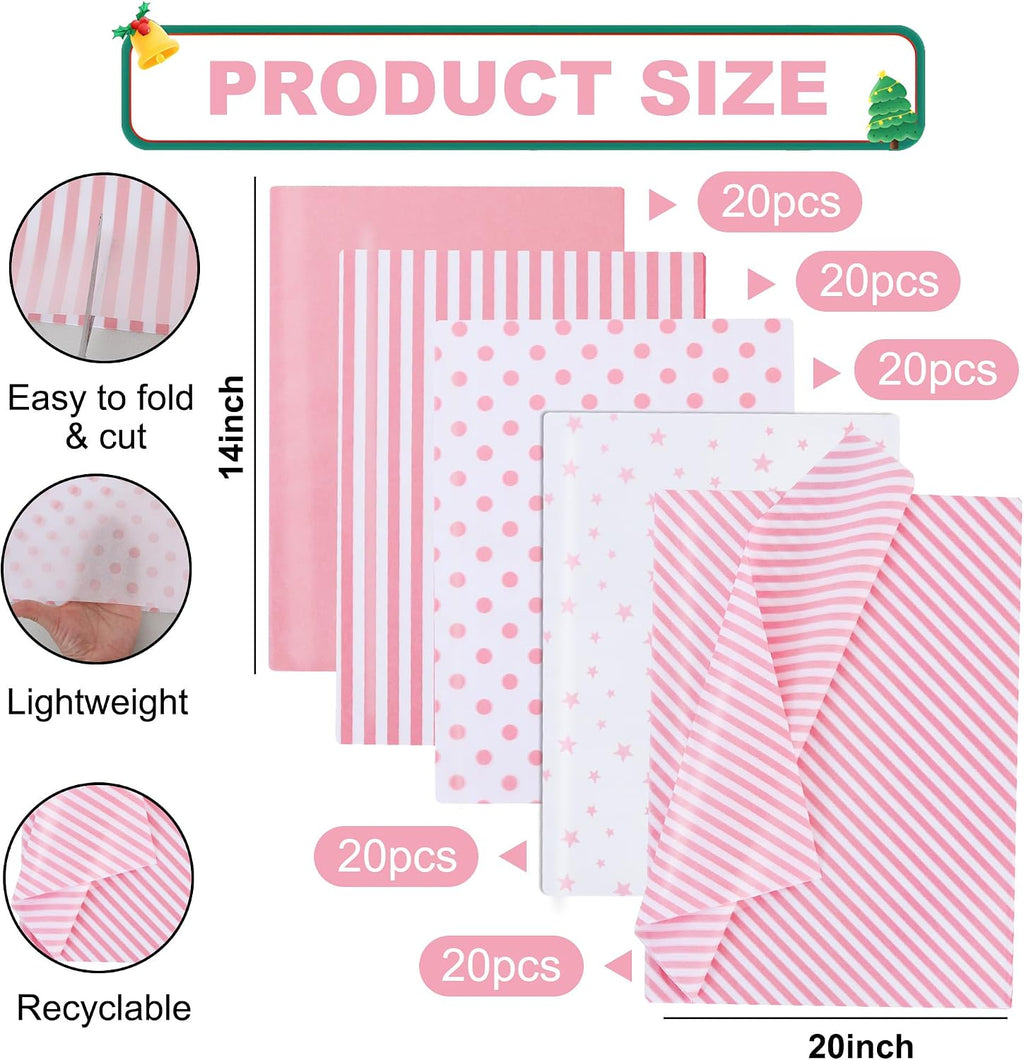 100 Sheets Pink White Tissue Paper Bulk for Gift Wrapping Gift Bag