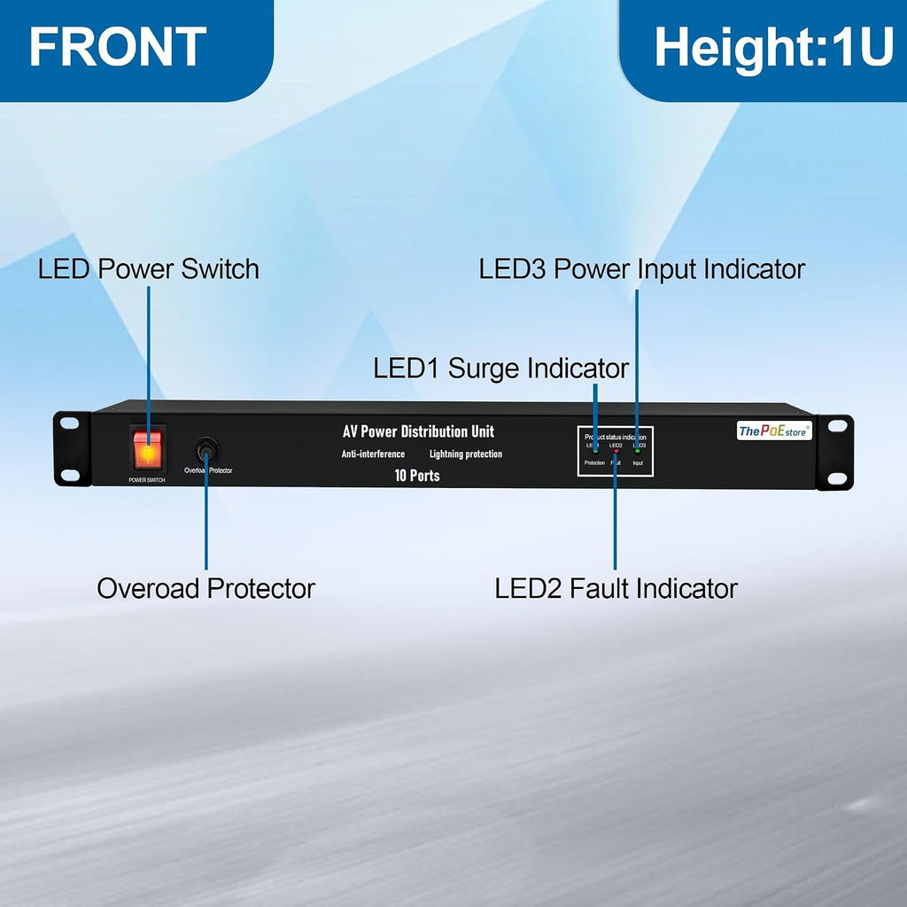 1U Horizontal PDU 19" Rack Mount Power Strip - Surge Protector
