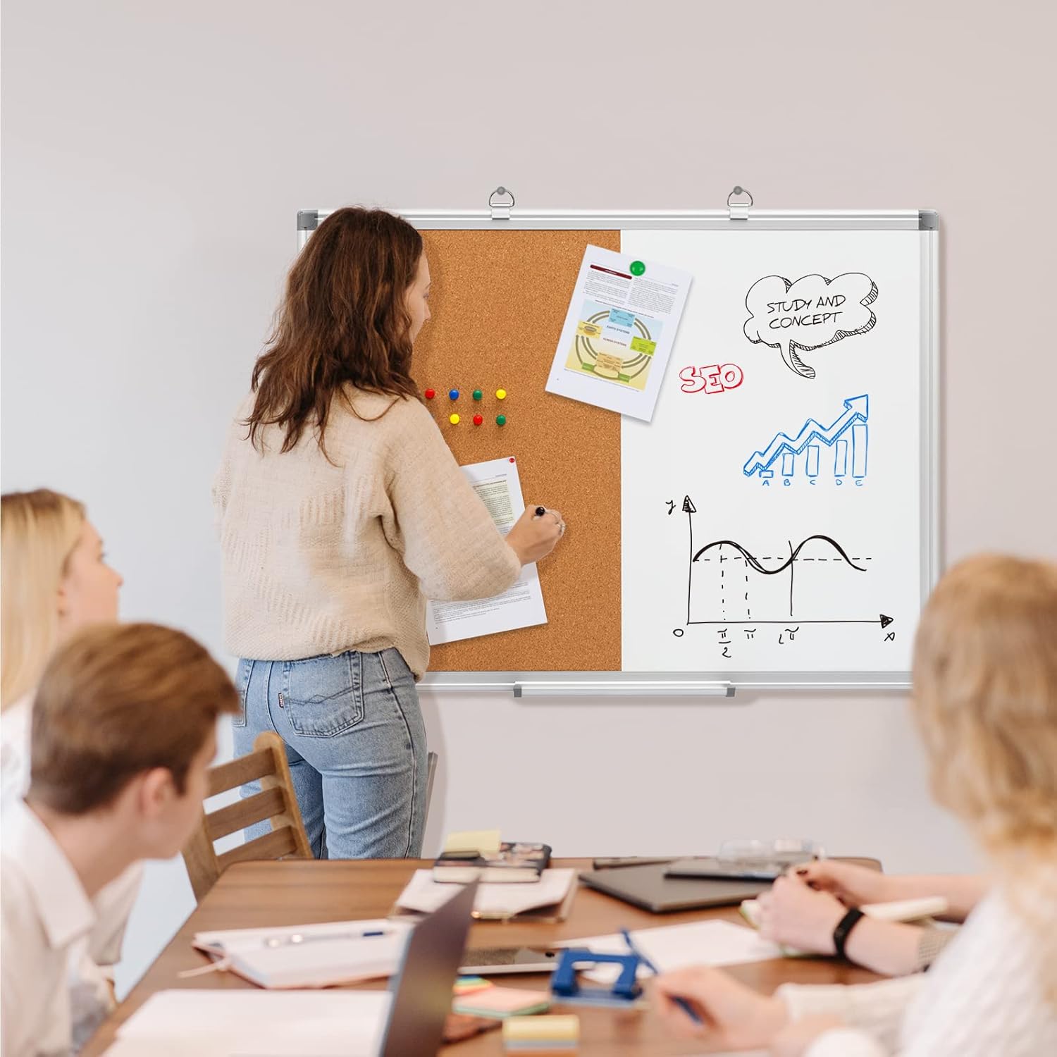 Cork Board Magnetic Dry Erase Board Combo, 24 x 18 Inches Whiteboard and Bulletin Board Combination, Aluminum Frame