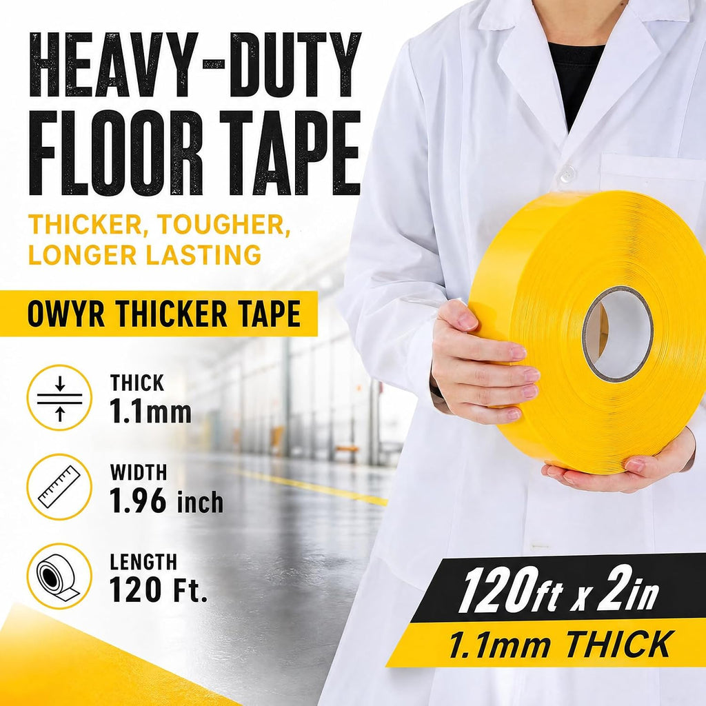 Floor Marking Tape 1.1mm Extra Thick, Yellow 2 Inch x 120 ft