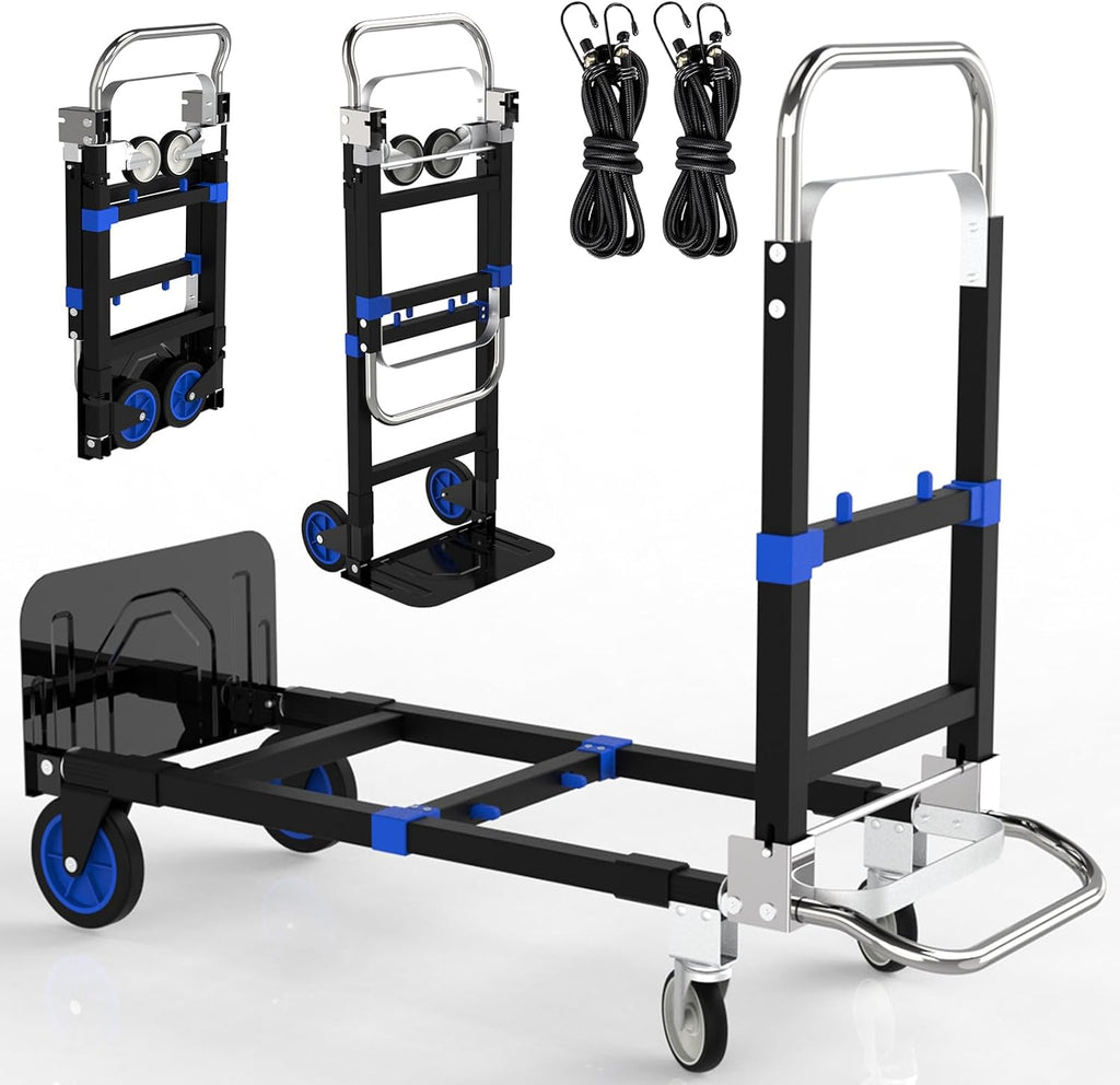 Black Convertible Hand Truck Dolly Cart with 4 Wheels Heavy Duty,500 Lbs Capacity, 2 Straps for Moving