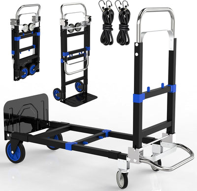 Black Convertible Hand Truck Dolly Cart with 4 Wheels Heavy Duty,500 Lbs Capacity, 2 Straps for Moving