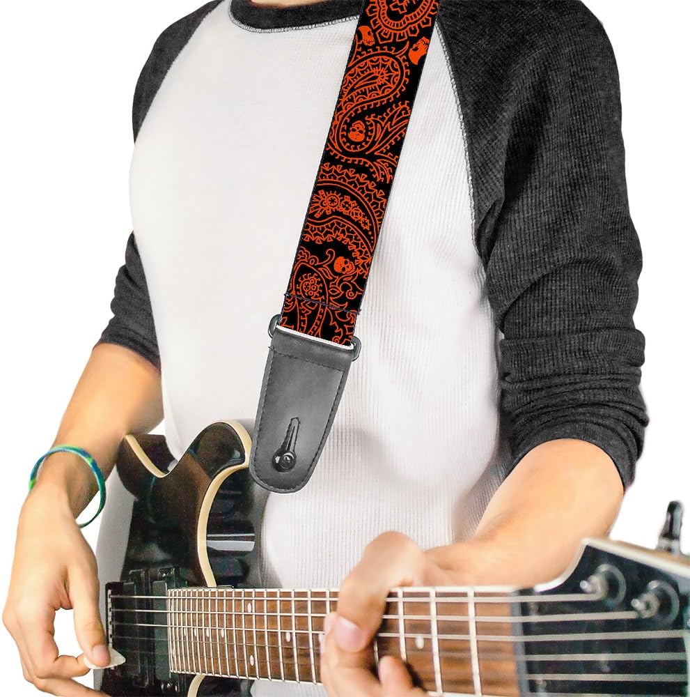 Guitar Strap - Bandana/Skulls Black/Orange | Bandana Skulls Black Orange Acoustic Electric Bass