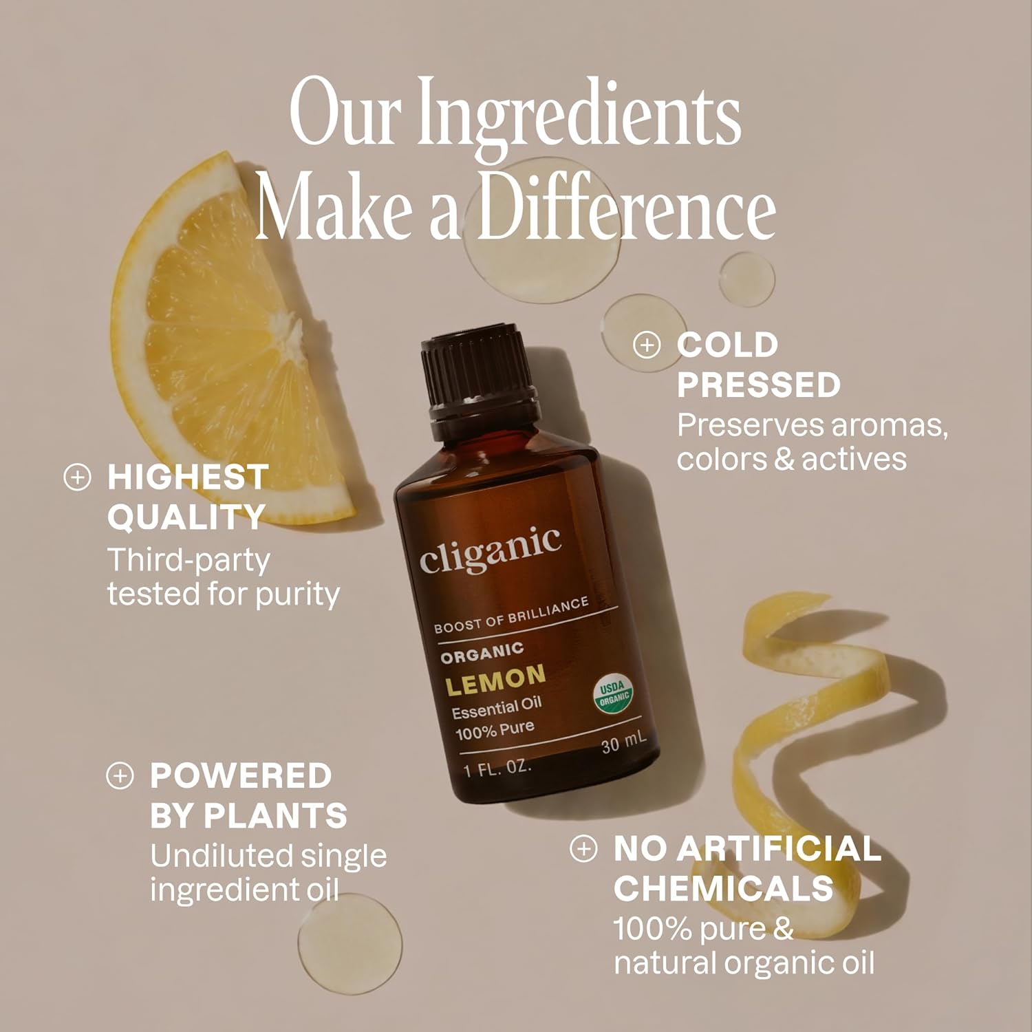 USDA Organic Lemon Essential Oil, 100% Pure & Natural | Undiluted, for Aromatherapy, Household Cleaning | Non-GMO