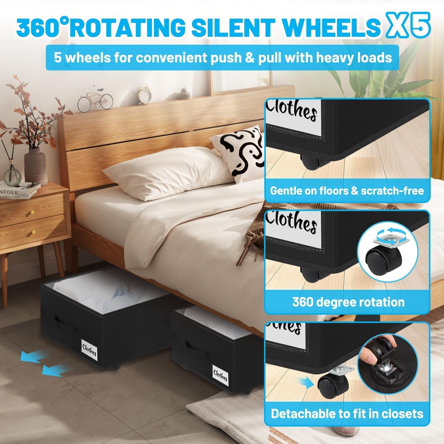 Under Bed Storage with Wheels, 2-Pack 10" Height XXL 75L Rolling Storage Bins, Quick Assembly Underbed Shoe Storage