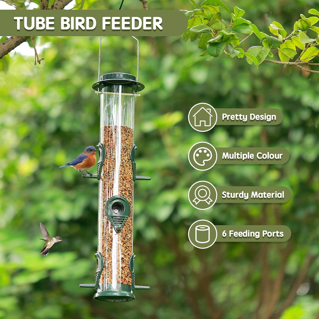 Metal Bird Feeder Tube Hanging Wild Bird Seed Feeder Aluminum Six Port Bird Feeders,1.4 mm Extra Thick Solid Tube