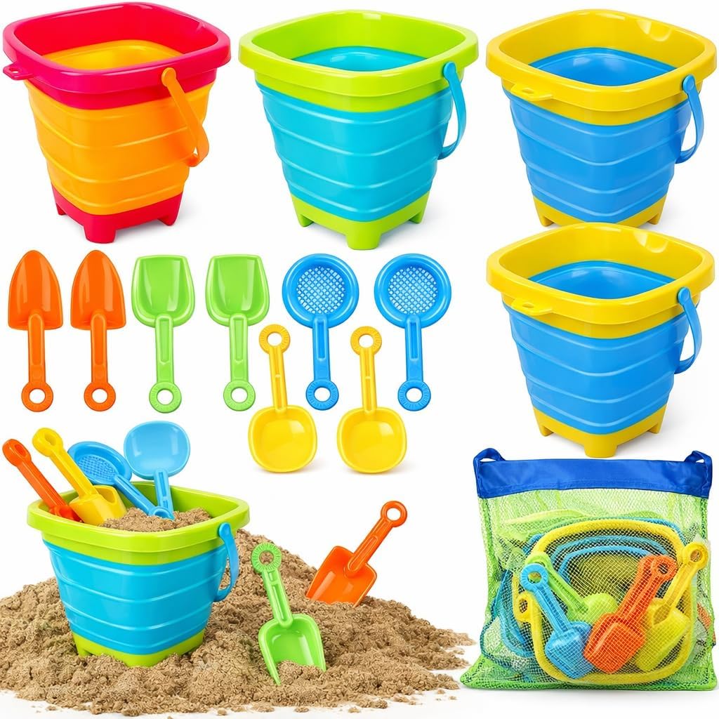 Collapsible Beach Sand Toy Set, Silicone Beach Bucket, Ages 3-8 | Packs flat into a beach bag so it always comes