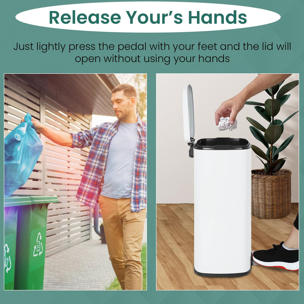 Kitchen Trash Can 13 Gallon Stainless Steel White Trash Can | 50L Kitchen Garbage Can with Removable Inner Bucket and