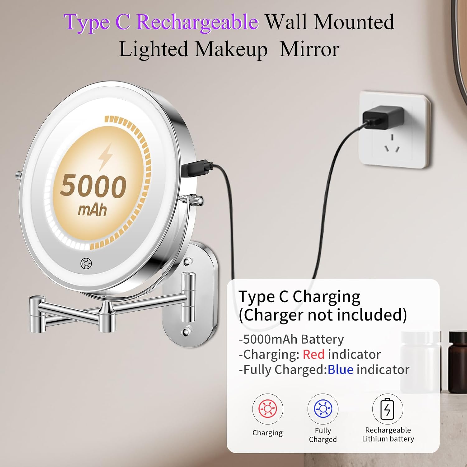 5000mAh Rechargeable Wall Mounted Lighted Makeup Mirror 1X30X | Double Sided 1X 30X Magnifying, 3 Color Lighting