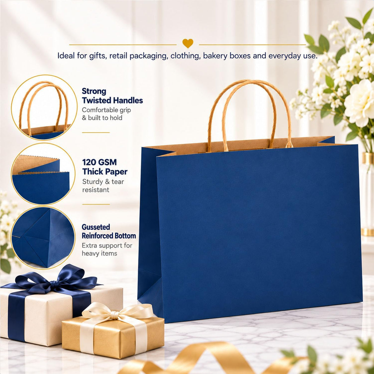 Large Kraft Paper Bags with Handle Bulk for Shopping,70pcs,Navy Blue