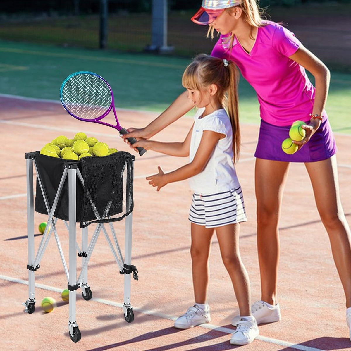 Tennis Ball Cart - Holds 160 Balls, Foldable Lightweight Tennis Ball Hopper with Wheels, Removable Bag, Side Pockets