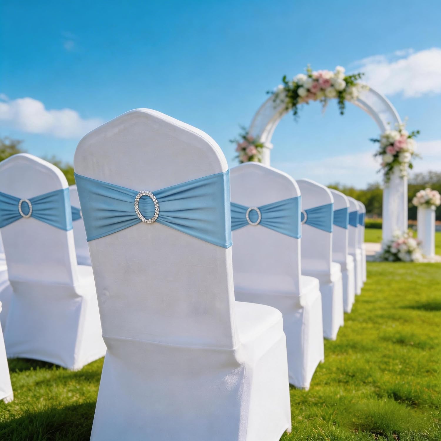 Pack of 50 Stretch Baby Blue Chair Sashes for Wedding, Elastic Chair Bands with Buckle Slider, Spandex Chairs Bows
