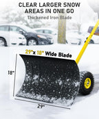 Snow Shovel with Wheels, 29" Wide 18" Long Snow Plow Shovel Angle & Height Adjustable Padded Handle Efficient Snow