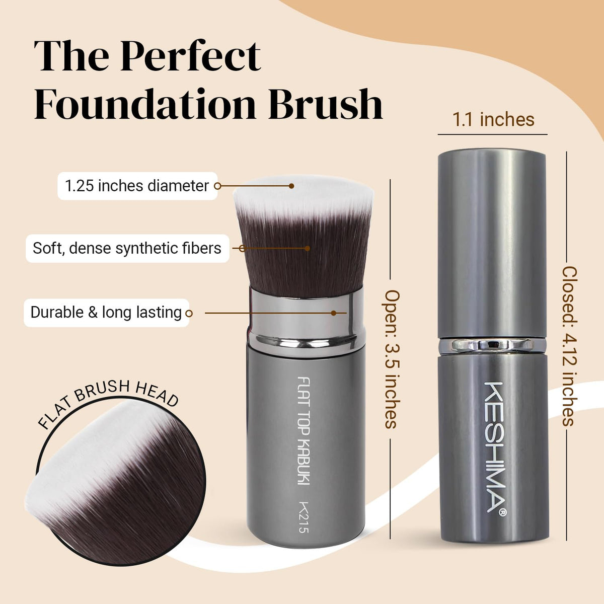 Retractable Makeup Brush by Keshima, Pro Flat Top Retractable Kabuki Brush