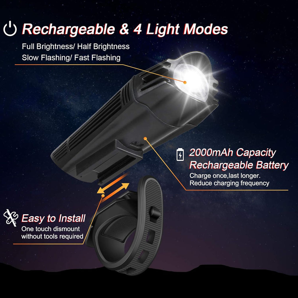 Ultra Bright USB Rechargeable Bike Light Set, Powerful Bicycle Front Headlight and Back Taillight, 4 Light Modes