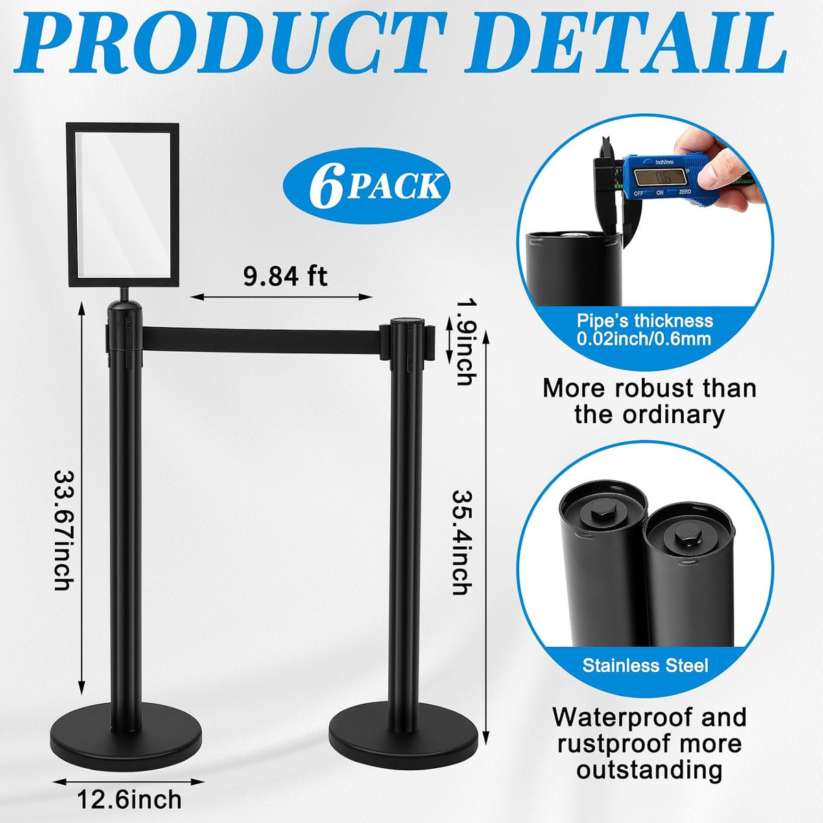 6 Pack Crowd Control Stanchions Barriers, 9.8ft, Black