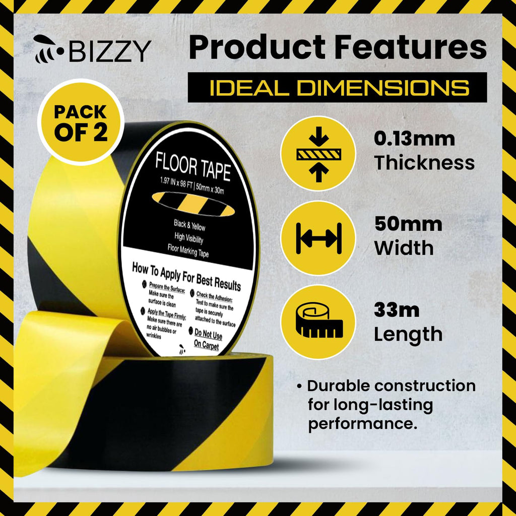 Black and Yellow Safety Tape 2" X 108' Industrial | Yellow and Black Caution Floor Tape | Watch Your Step Tape |