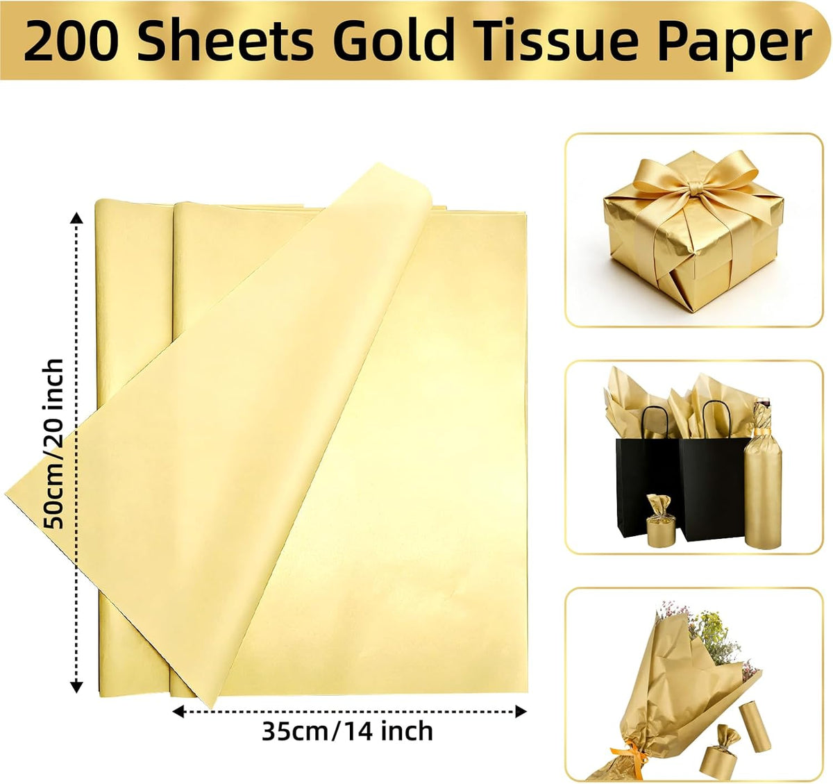200 Sheets Gold Tissue Paper Bulk for Gift Wrapping & Bags