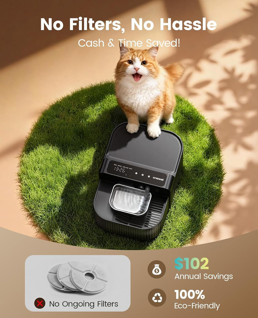 Wireless Filterless Cat Water Fountain, Separate Clean and Dirty Water Pet Fountain with Stainless Steel Bowl