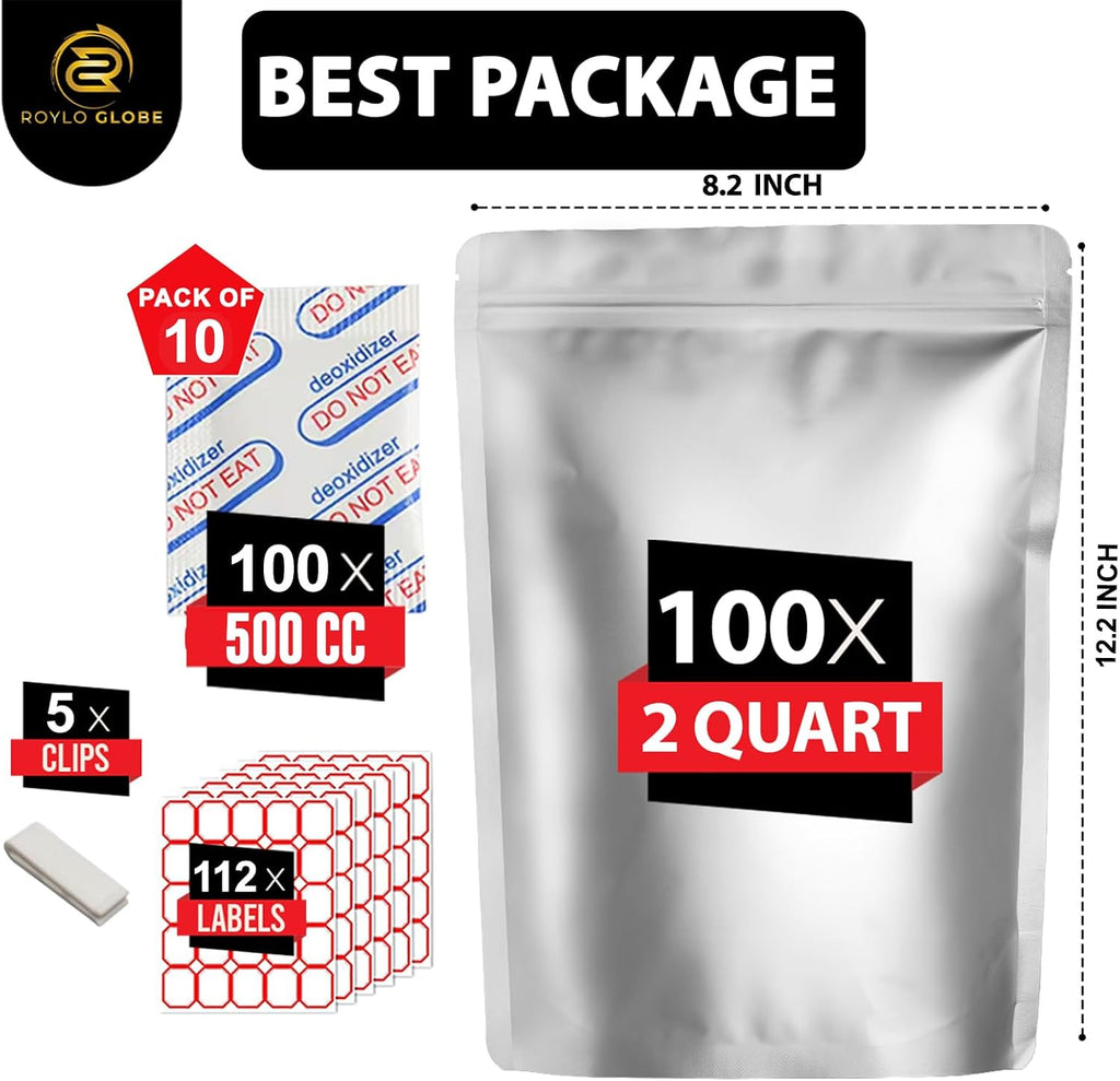 2 Quart Mylar Bags 100pcs with100 x 500cc Oxygen Absorbers-112 Labels | Stand-Up Reusable Airtight Resealable with 5