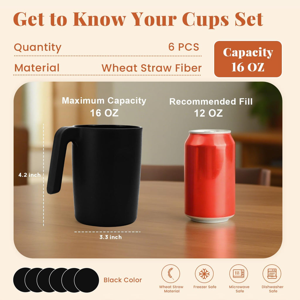 Unbreakable Coffee Mug Set - 6 Wheat Straw Reusable Cups | Dishwasher Safe Drinking Glasses | Alternative to Plastic